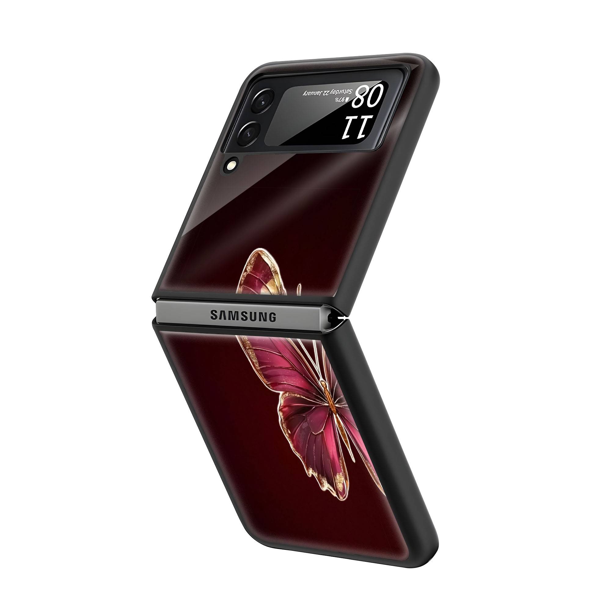 Half Red Butterfly Samsung Z Flip Glass Case image 1
