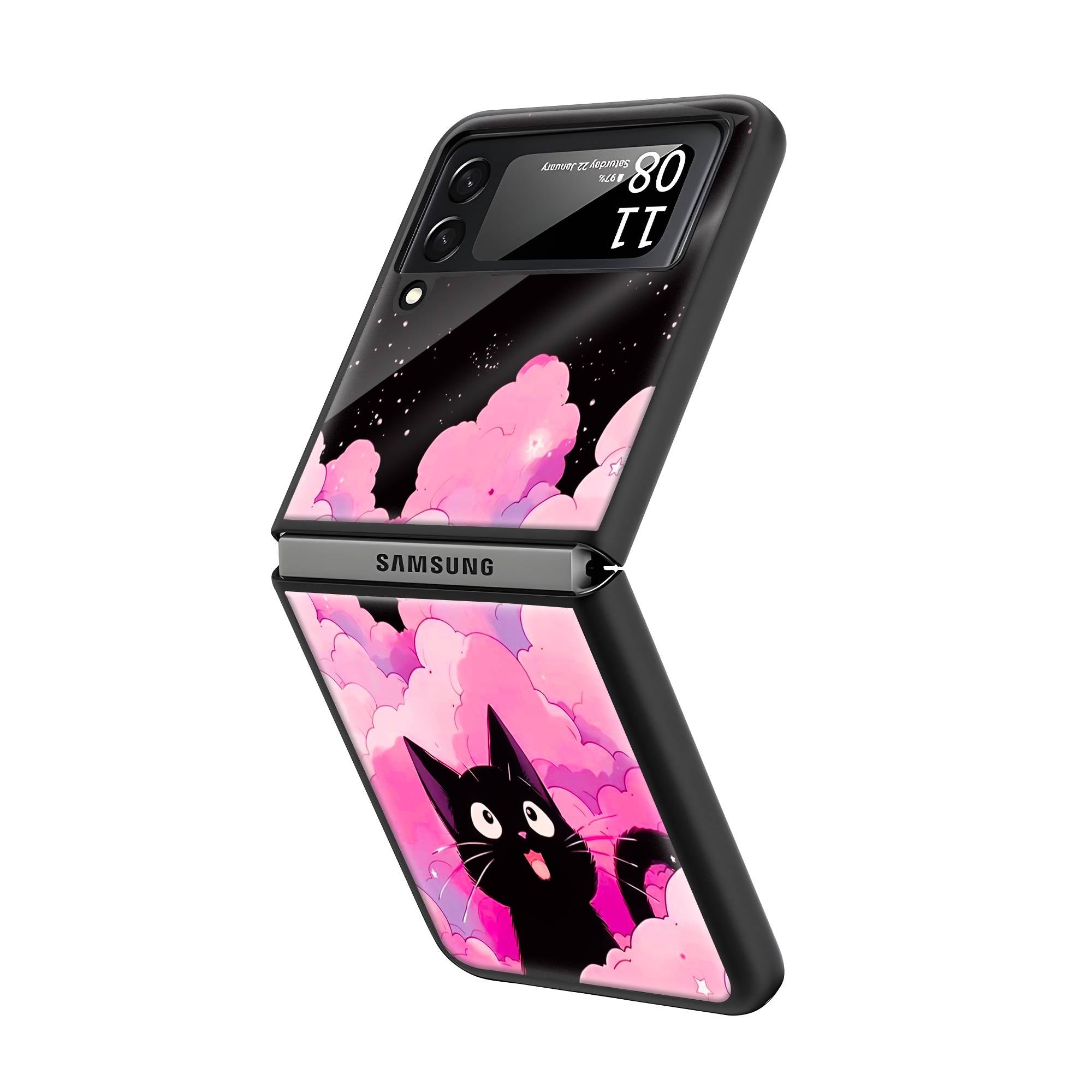 Black Cute Kitty Samsung Z Flip Glass Case Secondary image