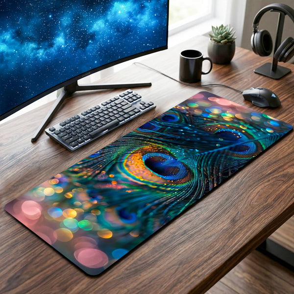 Peacock Feather Desk Mat - 12 x 32 Inch image