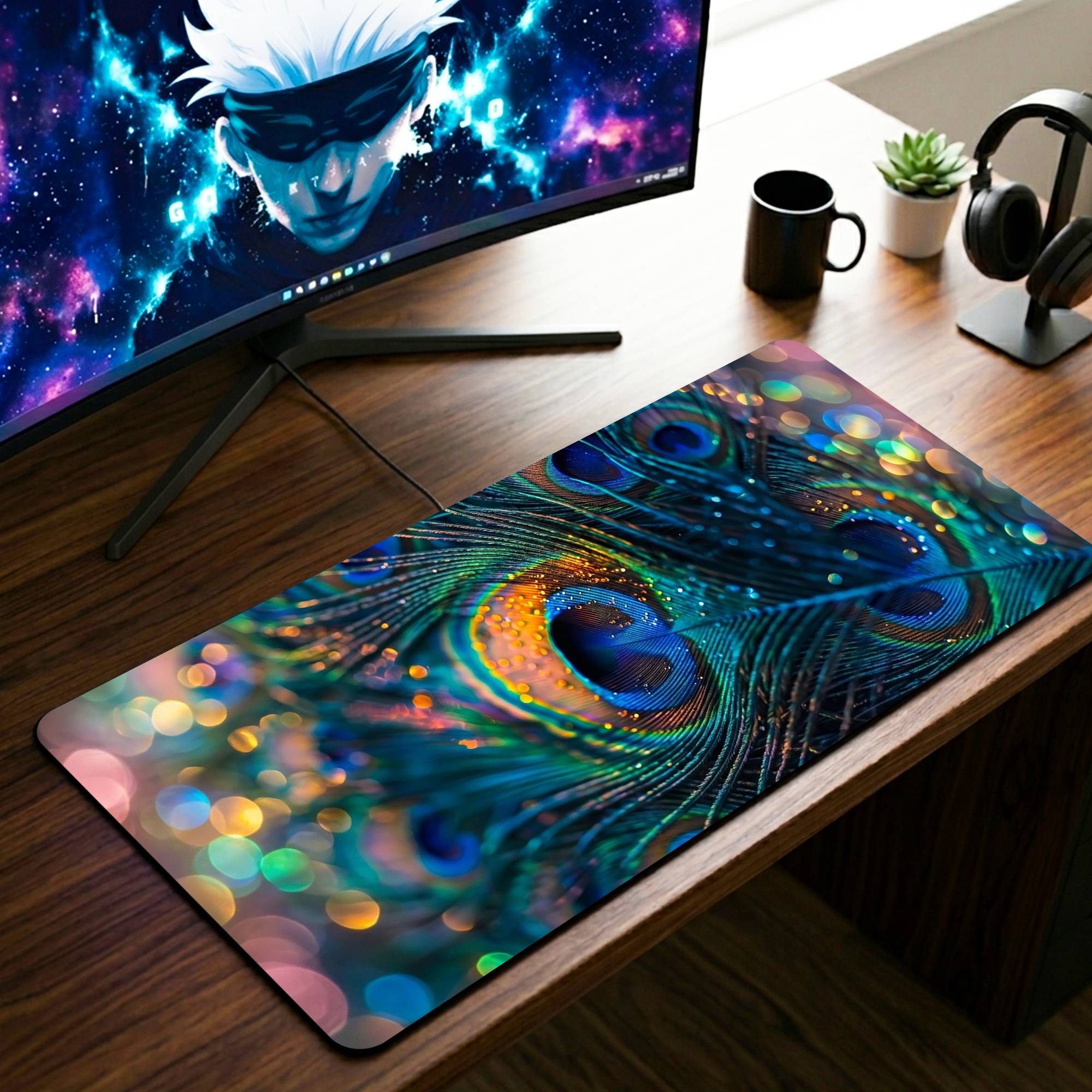 Peacock Feather Desk Mat - 11 x 23 Inch image