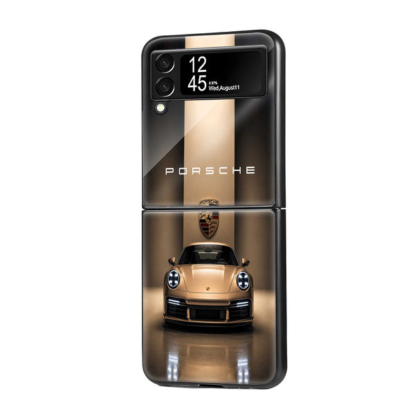 Golden Porsche Samsung Z Flip Glass Case
