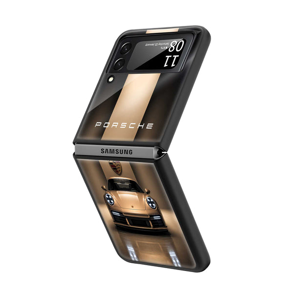 Golden Porsche Samsung Z Flip Glass Case