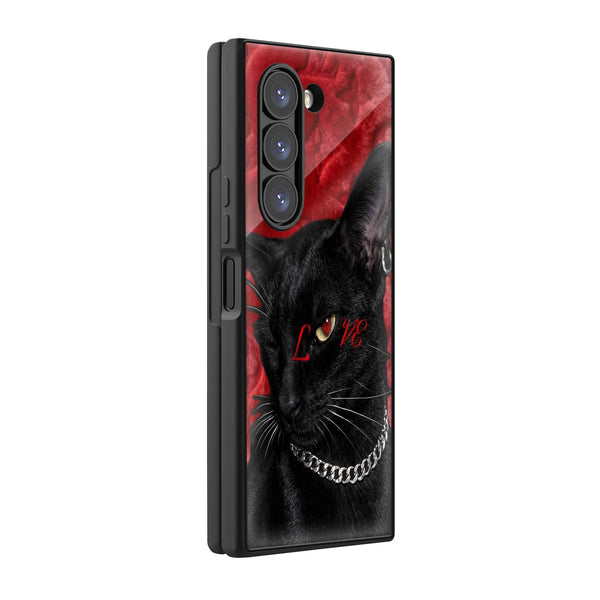 Midnight Black Cat Samsung Z Fold Glass Case