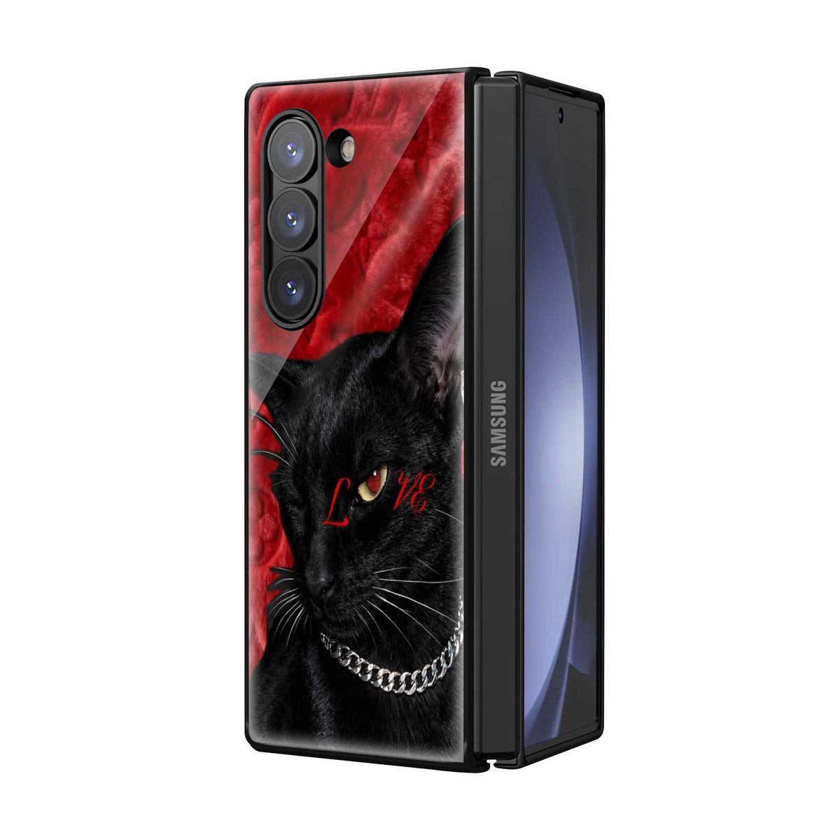 Midnight Black Cat Samsung Z Fold Glass Case