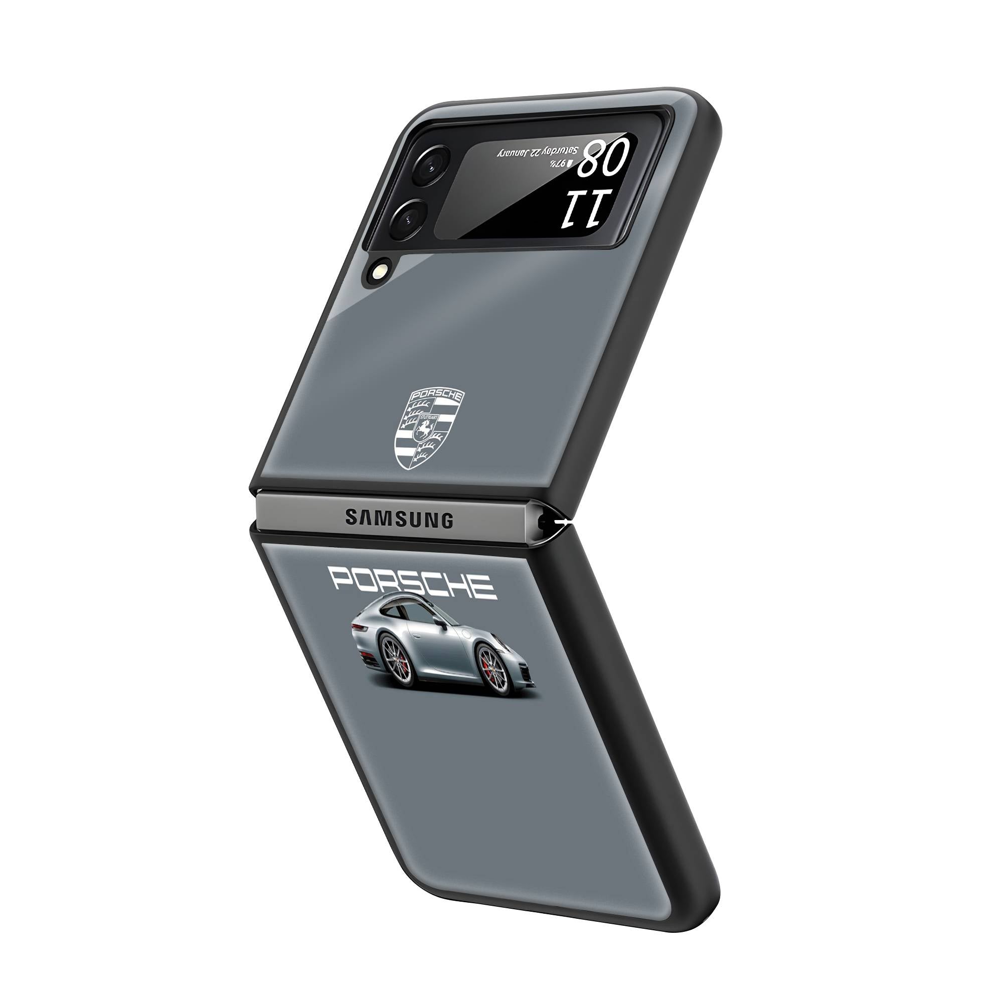Silver Porsche Samsung Z Flip Glass Case Secondary image