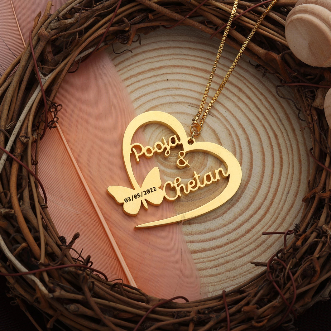 Butterfly Heart Style With Engraving Couple Name Necklace ...