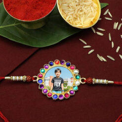 Custom Round Shape Muticolor Stone Photo Rakhi