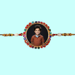 Round Shape Multi Red Stone Border Photo Rakhi