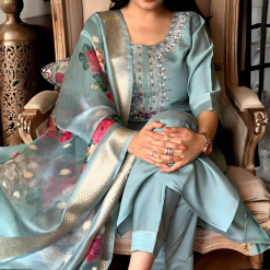 Teal Blue Premium Embroidered Suit Set