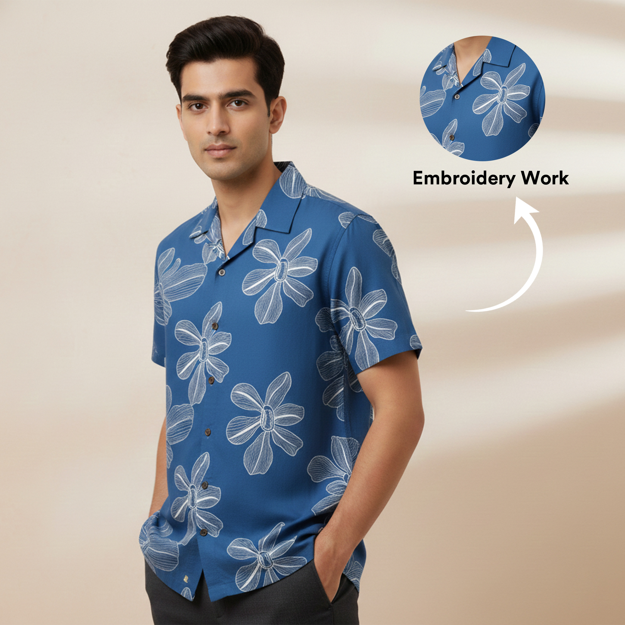 Blue Hibiscus Embroidered Shirts