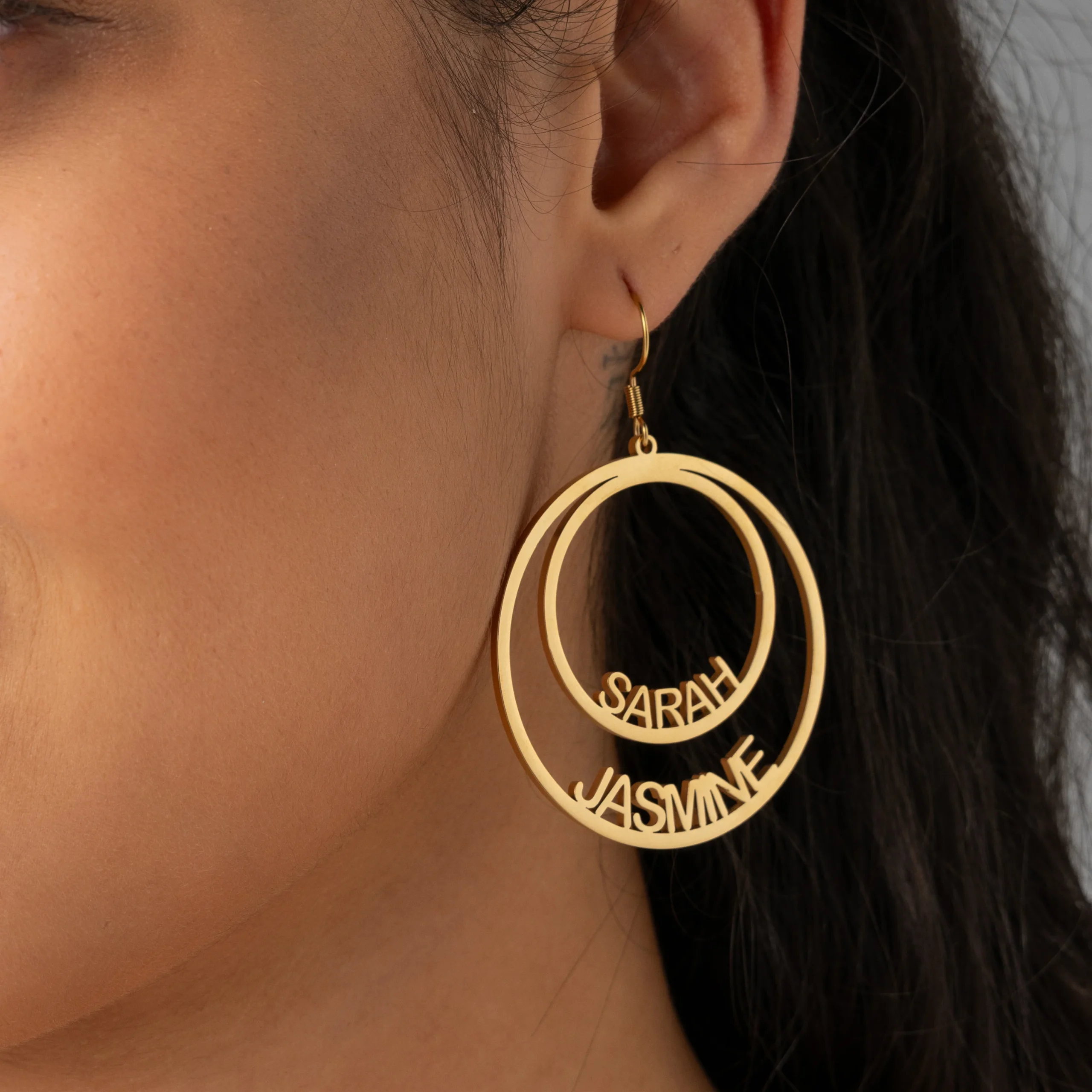 Double Name Circle Drops Earrings