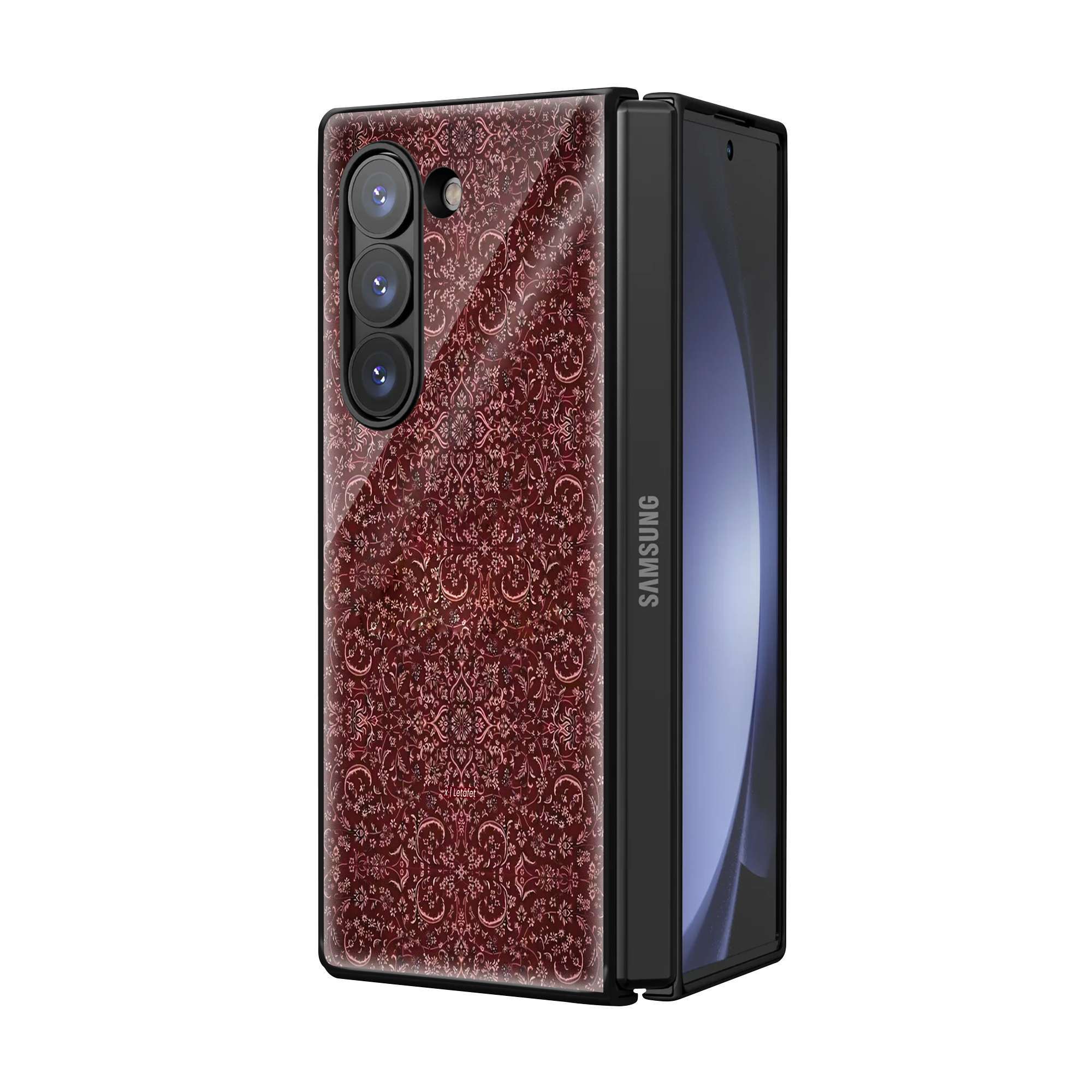 Red Floral Rug With Text Samsung Z Fold Glass Case - Image 2