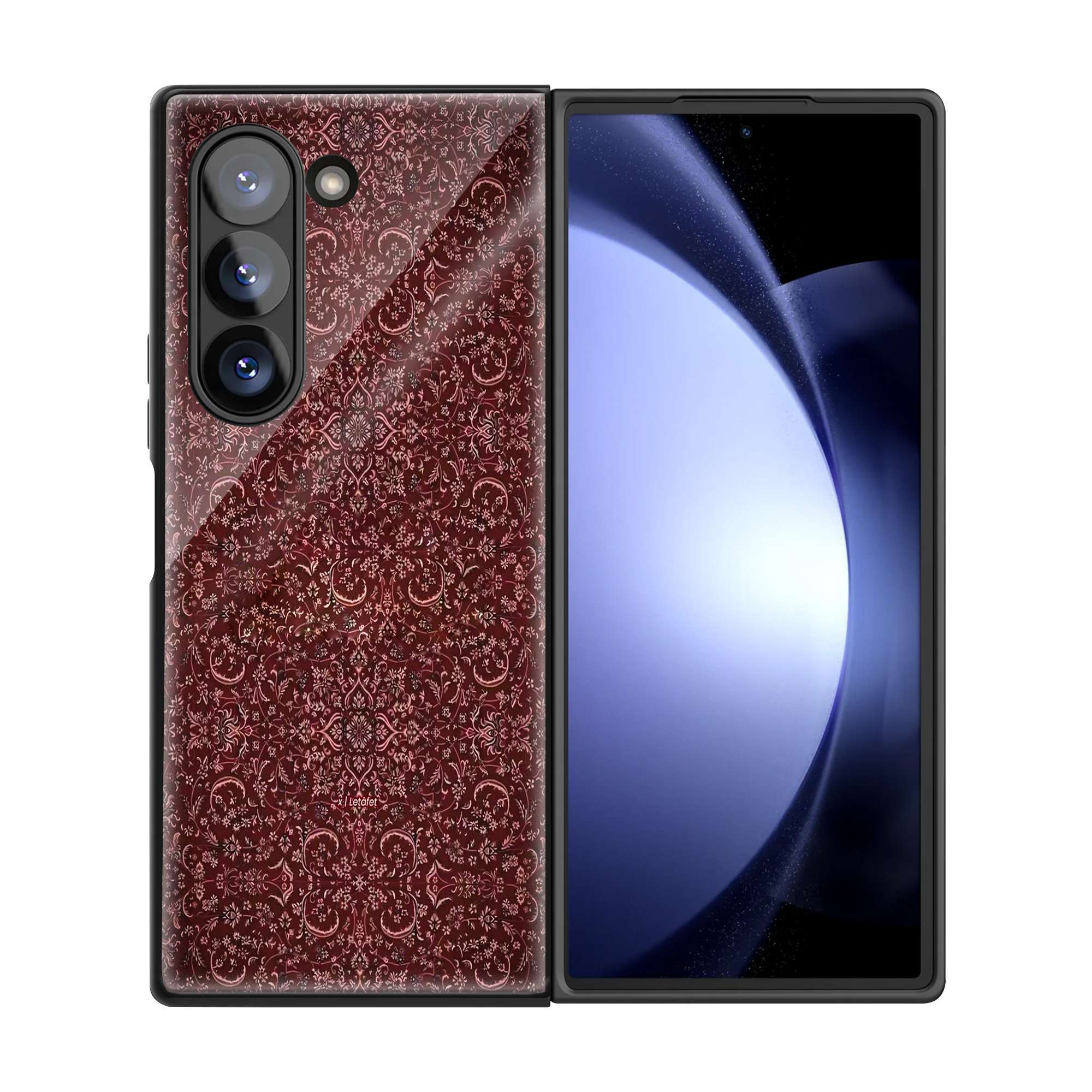 Red Floral Rug With Text Samsung Z Fold Glass Case - Image 3