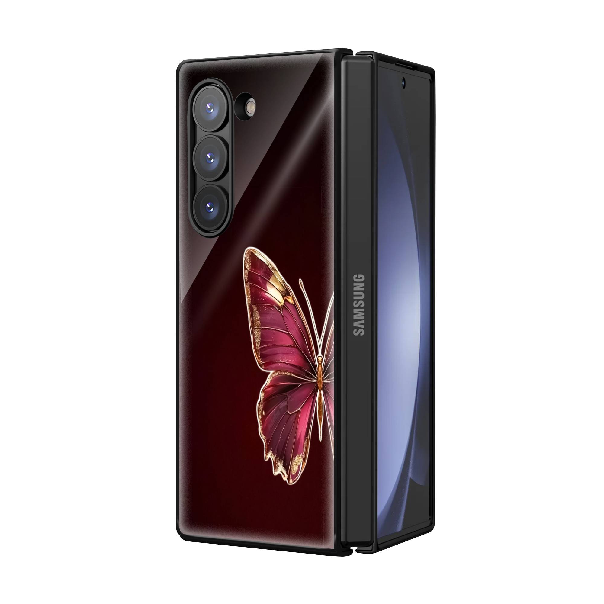 Half Red Butterfly Samsung Z Fold Glass Case - Image 2